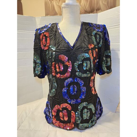 Vintage Stenay Sz L Sequin Chiffon Beaded 100% Silk Blouse Black Festive Boho - Picture 2 of 10